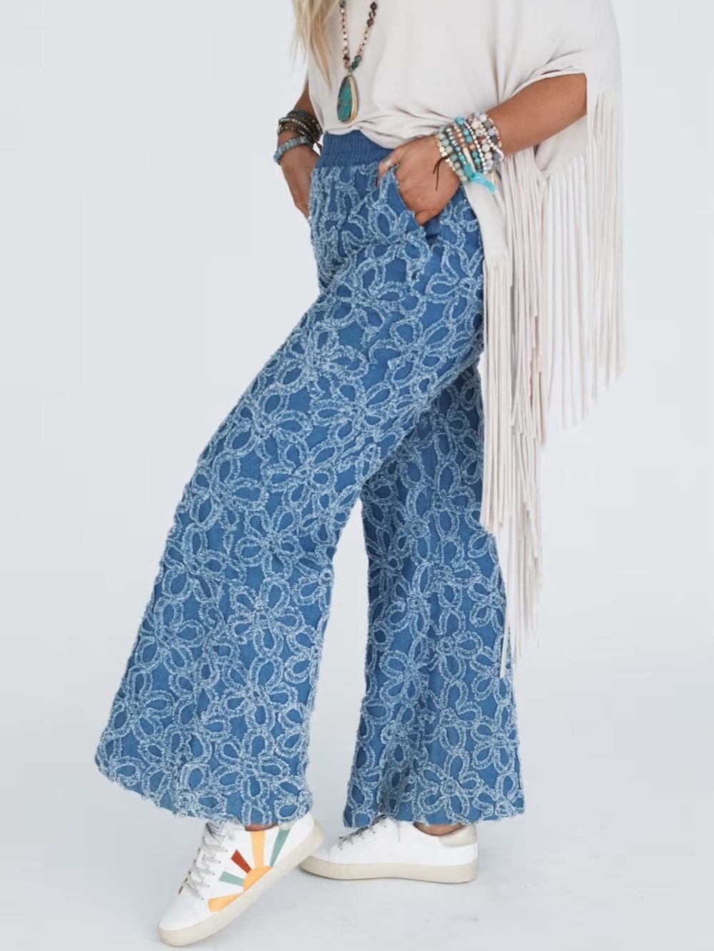 Floral Bloom Wide Leg Flare Boot Women’s Boho Pull-On Pants